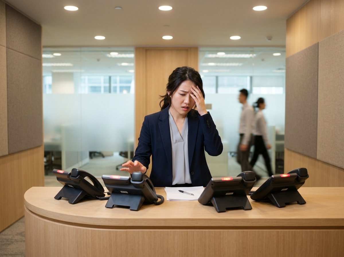 여러 전화가 동시에 울려 곤란해하는 안내 데스크 직원