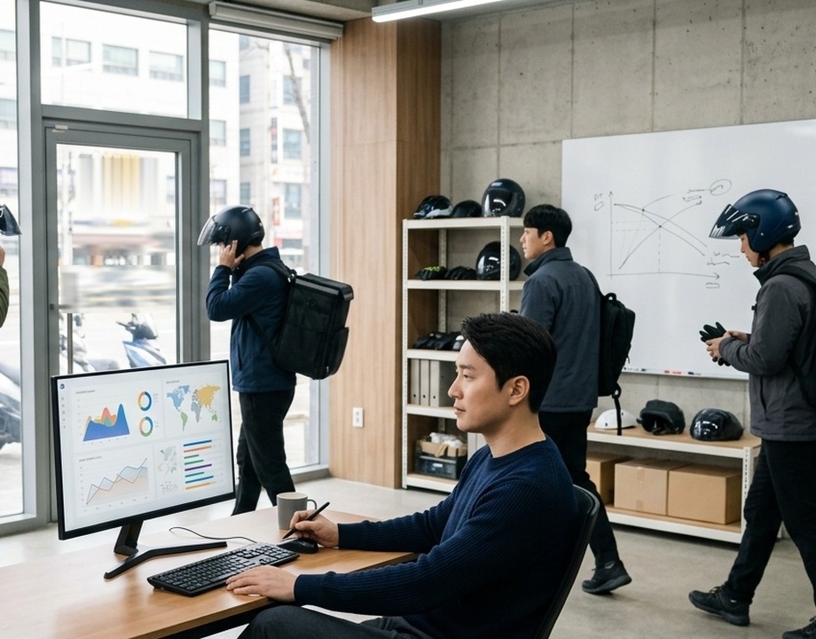 밝은 배차 사무실에서 사장님이 여유 있게 모니터를 보고 뒤로 오토바이 기사들이 출발 준비