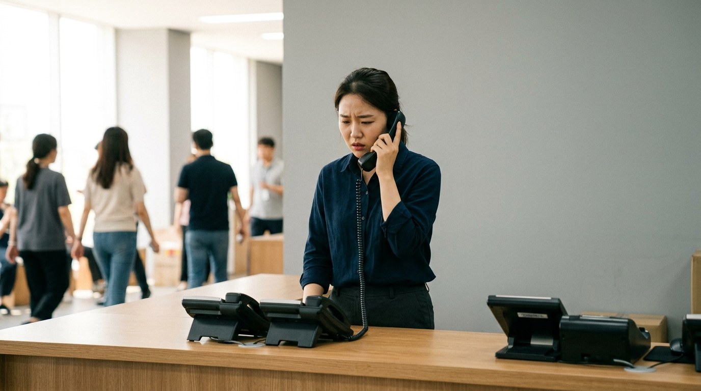 점심시간 전화가 몰려 여러 전화를 동시에 받느라 바쁜 접수 직원