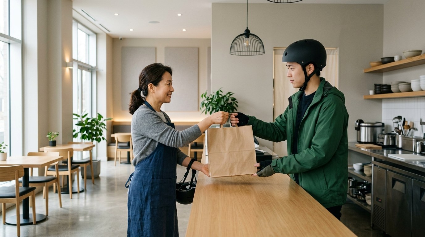 음식점 사장님이 배달 기사에게 포장 음식을 건네는 모습